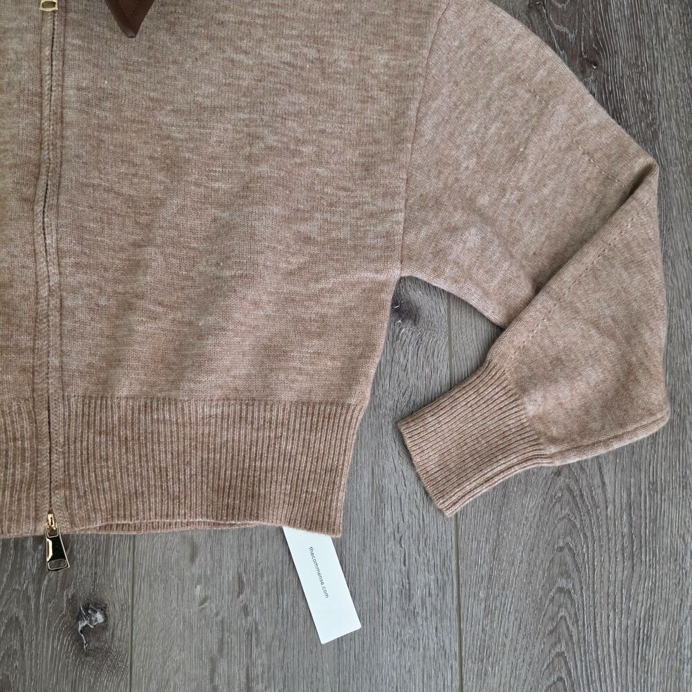 Commense Contrast Trim Cropped Cardigan Sz M Full Zip Faux Leather Collar NWT - Picture 3 of 4